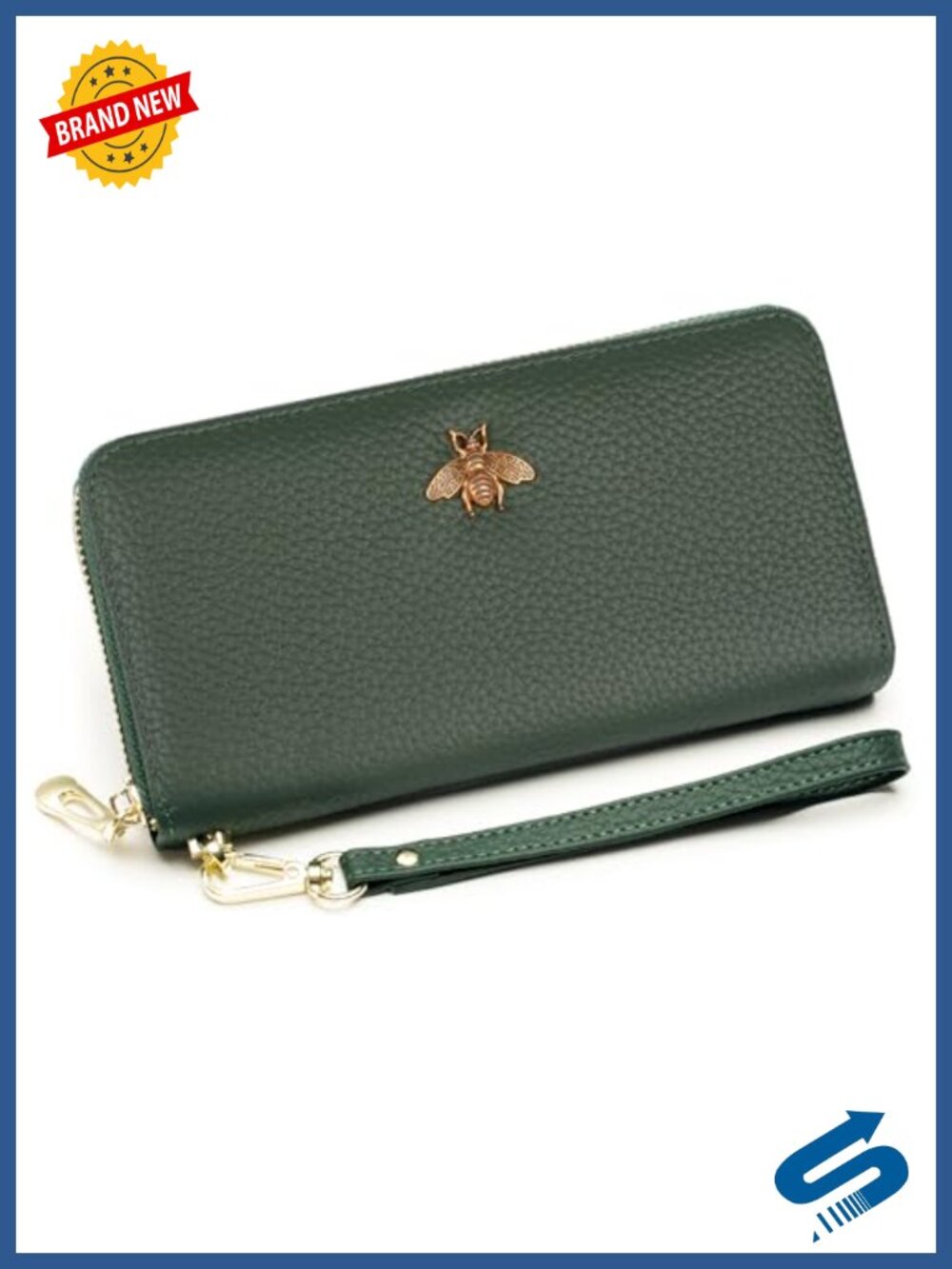 Genuine Leather Wristlet Wallet Clutch with Bee Decoration